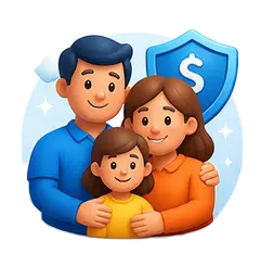 family protected by insurance with shield and income protection concept