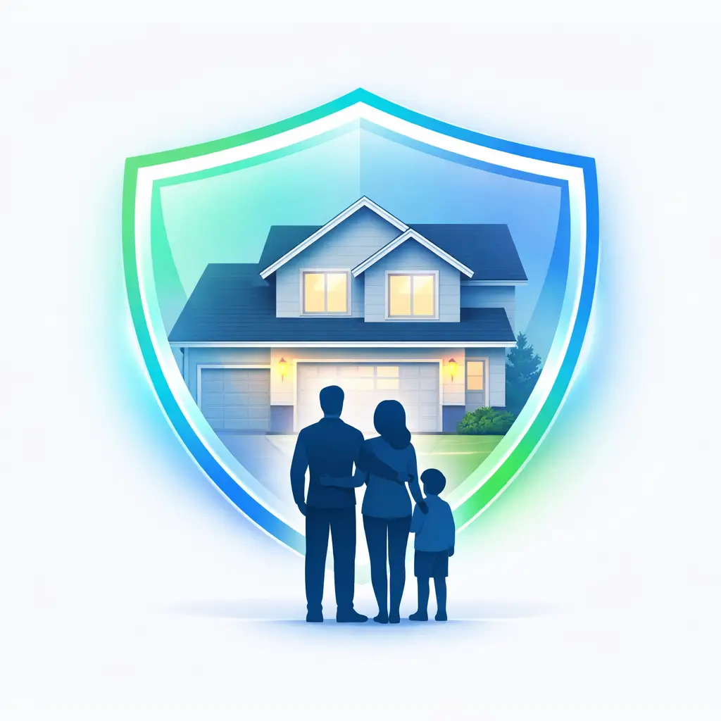 Family standing safely in front of their home protected by a shield representing mortgage protection life insurance coverage
