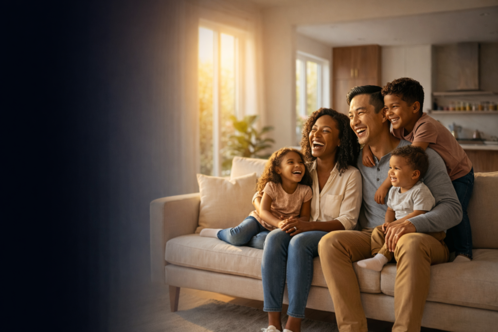Happy family sitting together on a couch at home, representing financial security and life insurance protection