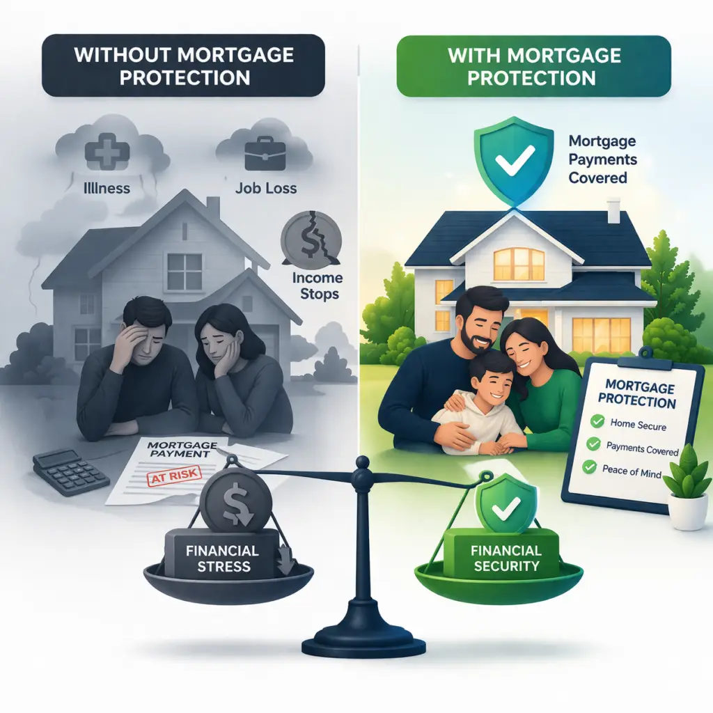 Mortgage protection insurance comparison showing financial stress without coverage vs financial security with mortgage protection covering home payments and family stability