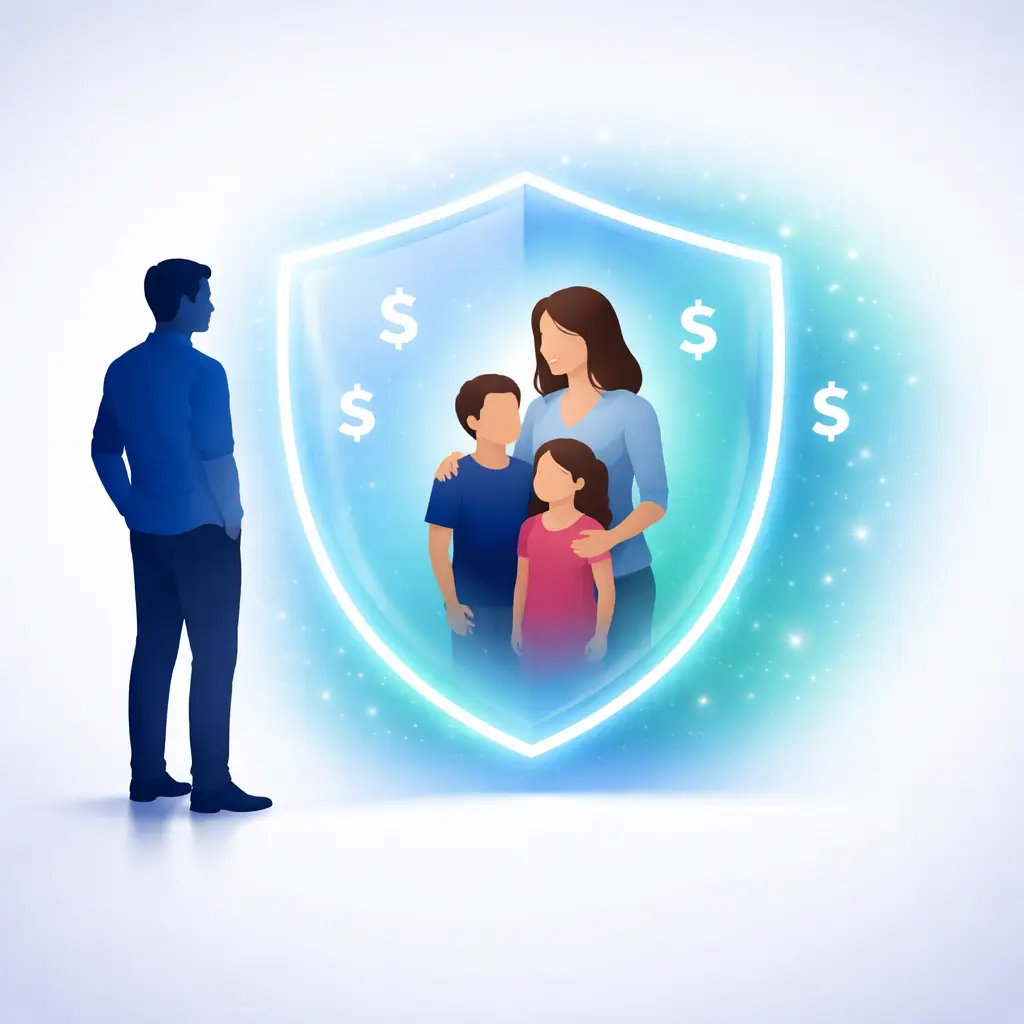 Family protected by financial shield symbolizing mortgage protection insurance coverage and income security