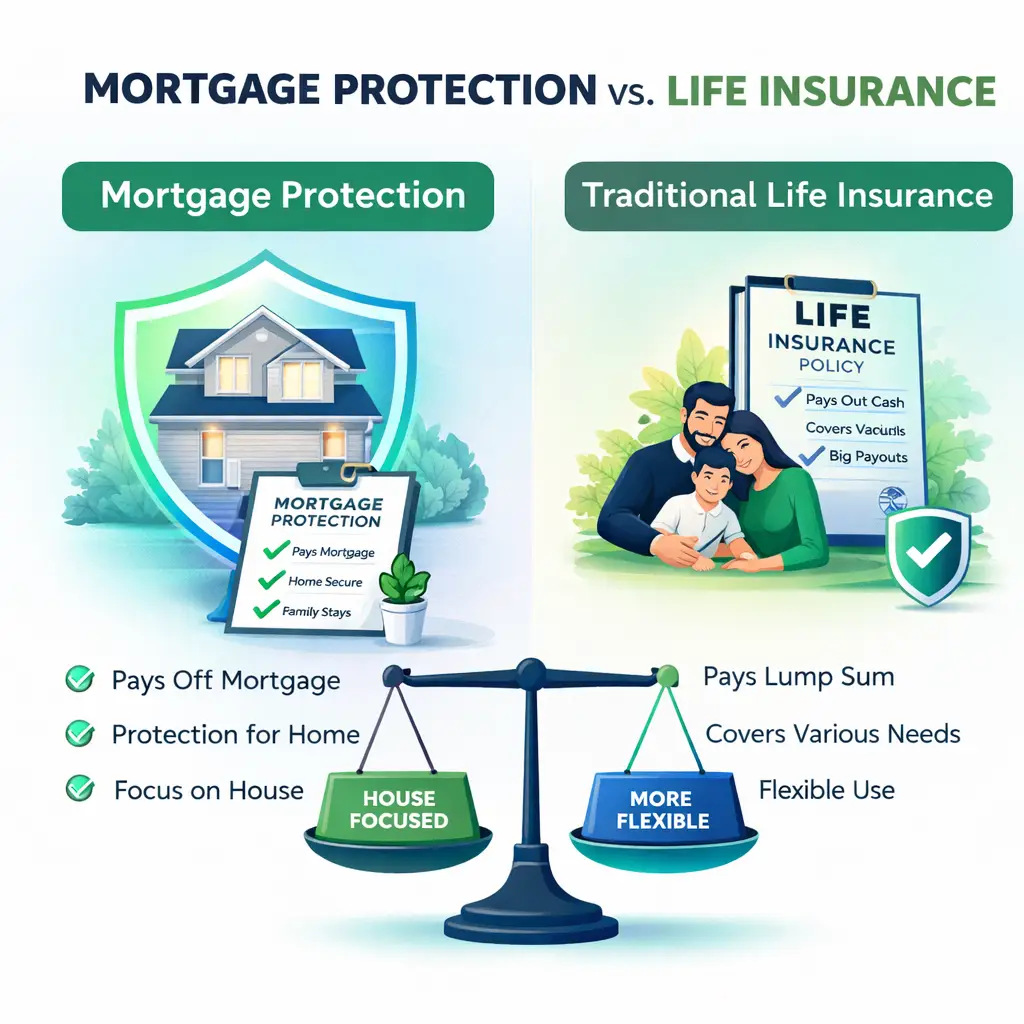 Mortgage protection vs life insurance comparison showing mortgage payoff coverage vs flexible lump sum life insurance benefits for homeowners